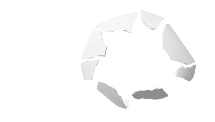 A close-up view of a torn white wall revealing a hollow section. symbolizing disruption and change. with a minimalist background enhancing the focus on the tear