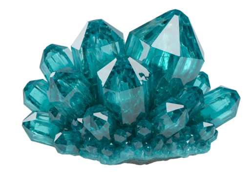 A cluster of vibrant teal crystals displays intricate facets against a pure black backdrop.