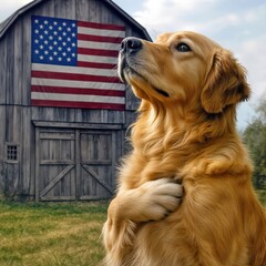 A golden retriever sits proudly in front of a rustic barn, with an American flag hanging on it and a paw over its heart