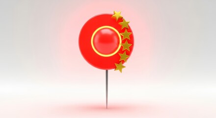 A vibrant red pin with golden stars arrayed decoratively around its edge on clean white background, concept for party decoration, corporate celebration and festive mood