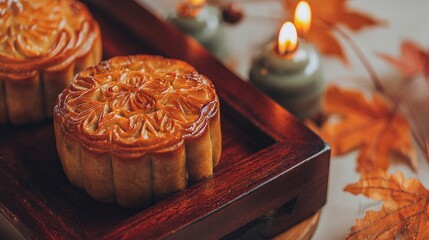 Golden mooncake with floral patterns on lacquered tray, warm candlelight reflecting, autumn leaves in soft bokeh.