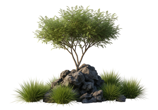 A serene, landscape-style arrangement features a leafy tree atop a cluster of dark grey rocks, surrounded by various types of verdant grasses.