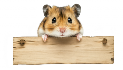 A cute hamster peeking over a wooden sign. its curious expression against a clean white background. perfect for pet-related content or animal care articles