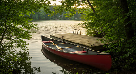 Red Canoe Tied to Wooden Pier on Serene Lake Surrounded by Lush Green Trees