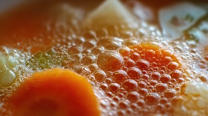 Close-up of Boiling Vegetable Soup with Carrots and Potatoes.