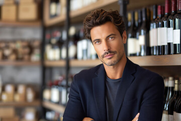 Confident sommelier standing in front of shelves filled with wine bottles, exuding elegance and professionalism