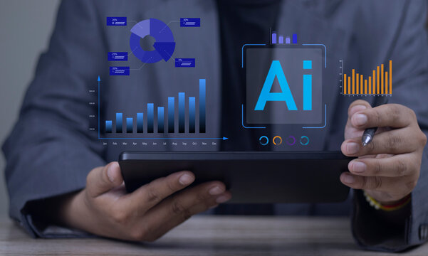 Businessman using a tablet with a futuristic interface, analyzing business data with AI technology. Financial charts and graphs on a virtual screen show growth and performance.