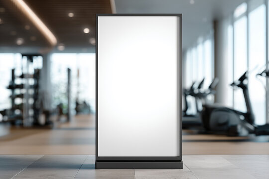 Freestanding blank billboard mockup placed in a stylish fitness center with treadmills, natural lighting, and wood accents — perfect for gym promotions, health campaigns, or fitness event signage