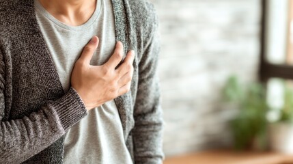 Young man experiencing chest pain in modern indoor setting