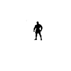 A bold, black silhouette of a muscular man, likely a boxer or athlete, in a dynamic stance.