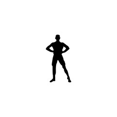 A bold, black silhouette of a muscular man standing confidently with hands on hips.