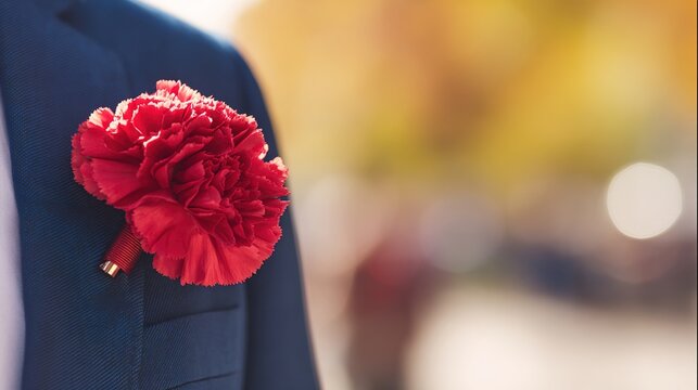 Vibrant red carnation on dark blue suit lapel, golden sunlight through autumn leaves, warm patriotic mood.