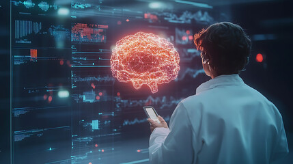 Human-AI fusion scientist analyzing data through a floating holographic interface 