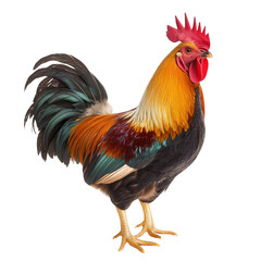 Fototapeta premium A vibrant. multicolored rooster stands proudly against a plain white background. its striking plumage and confident posture. ideal for agricultural or wildlife-themed projects