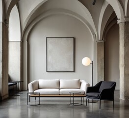 A spacious, neutral-toned living area showcases a modern couch and armchair, complemented by round tables and a spherical floor lamp, set against a backdrop of muted arches and pillars.