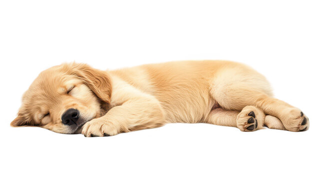 A peaceful golden retriever puppy sleeping soundly on a soft surface. its fluffy fur and relaxed demeanor. with a clean white background enhancing the serene atmosphere