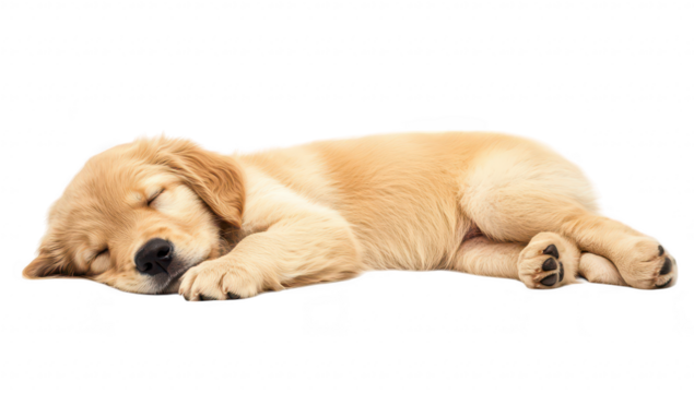 A peaceful golden retriever puppy sleeping soundly on a soft surface. its fluffy fur and relaxed demeanor. with a clean white background enhancing the serene atmosphere
