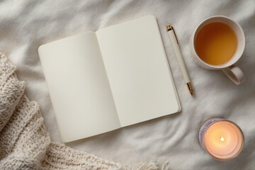 Blank journal with a pen, cup of tea, and lit candle on a cozy, soft blanket.