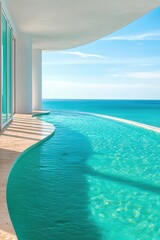 Fototapeta premium A stunning infinity pool overlooking a serene sea, reflecting sunlight, ideal for promoting luxury real estate, travel brochures, or wellness retreats, creating a sense of relaxation and tranquility,