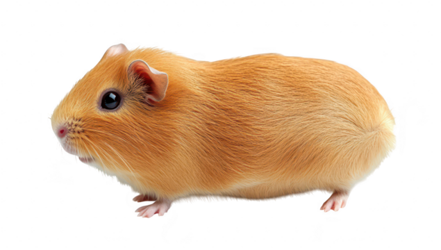 A close-up view of a fluffy orange guinea pig standing on a white background. its rounded body and distinct features. ideal for pet care articles and animal photography