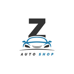 letter Z logo auto mechanic with car design. Alphabet Z automotive car style icon