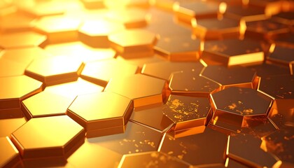 Close-up of metallic honeycomb structure with golden hues and hexagonal cells filled with honey-like substance, featuring intricate inner patterns and reflective lighting, symbolizing natural geometry