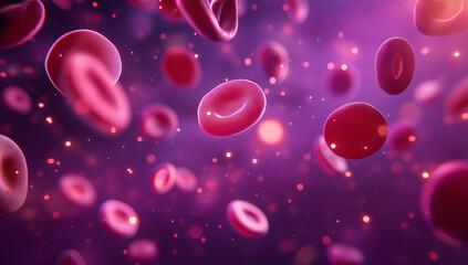 pink and red cells floating in the air with glowing lights on a purple background.