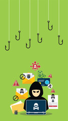 Hacker with laptop computer stealing confidential data, personal information and credit card detail. Hacking concept.	