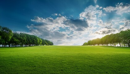 Obraz premium Nature Background Green Grass Trees And Cloudy Sky