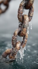 Rusted chain submerged in water with droplets forming on links during a rainy day