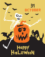 Halloween party poster, flyer with scull and pumpkin, cat and bat. All saints day holiday. Masquerade creepy invitation, template. Helloween advertising design layout.