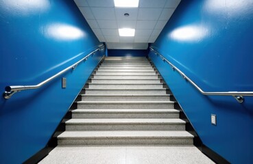 Fototapeta premium Staircase with blue walls and metal handrails in a modern indoor setting