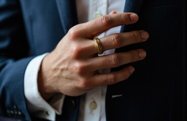 A man wearing a suit with his hand resting on his chest or shoulder area
