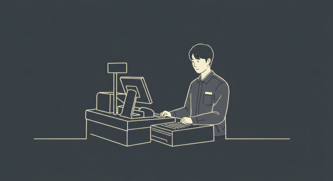 Minimalist line art illustration of a cashier working at the checkout counter