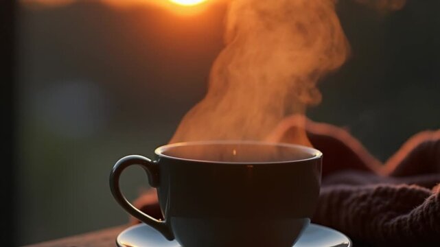 Warm beverage steaming in a cup during cool evening