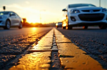 Sunset scene with cars parked on a road featuring a yellow dividing line and textured asphalt surface