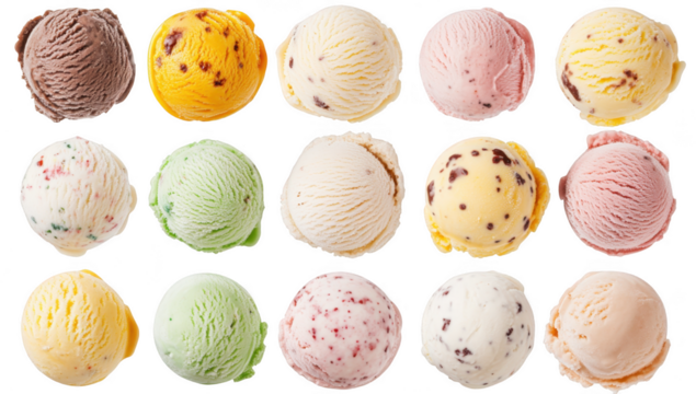 A assortment of colorful ice cream scoops arranged in a grid. various flavors and textures. perfect for a dessert menu or promotional material for a sweet treat shop