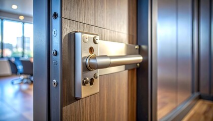 Close-up of metallic cylindrical door bolt lock mounted on polished wooden surface with visible grain patterns, illuminated to highlight sheen and texture, symbolizing security and functional design.
