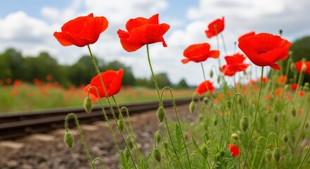 Obraz premium Red poppies bloom along a railroad track under a partly cloudy sky