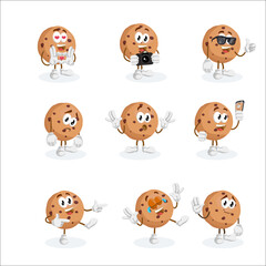 Collection of cute chocolate chip cookie cartoon mascot characters showing a variety of emotions and actions in a vector set