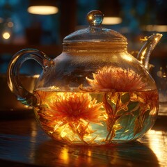 Blooming Tea: Glass Teapot with Chrysanthemum Flowers Infusion on Wooden Table