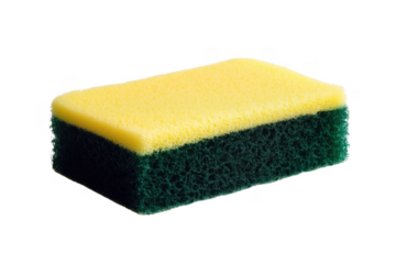 Close up studio shot of a new dual layer cleaning sponge ready for dishwashing tasks.