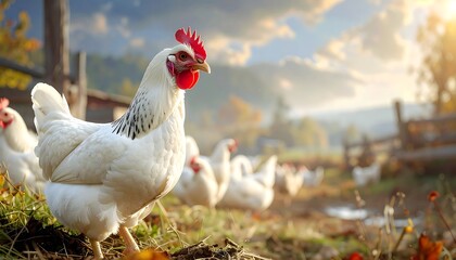 Fototapeta premium Group of white chickens with red combs gathered outdoors on sunlit farm ground near wooden barn and fence, surrounded by trees and warm light, symbolizing free-range poultry and sustainable farming.