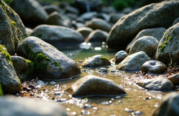 Fototapeta premium Sunlit stream flowing over moss-covered rocks in a natural outdoor setting