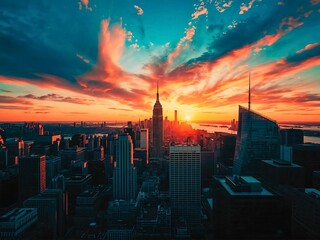 “A breathtaking time-lapse of a modern city skyline during sunrise, warm golden light reflecting on skyscraper windows, soft moving clouds.
