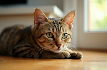 Close-up of a tabby cat lying on wooden floor with bright natural light in background