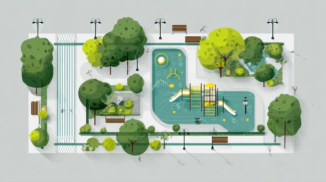 Overhead view of a stylized park with playground equipment and landscaping, bathed in soft light
