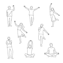 A collection of handdrawn minimalist line art people in various active and relaxed poses.