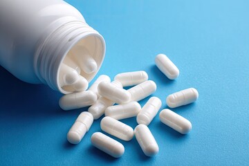 White capsules spilling from a white bottle on a vibrant blue background