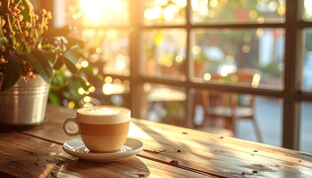 White cup of cappuccino or latte with frothy milk on saucer placed on rustic wooden café table beside metal pot with green plant, sunlight streaming through large windows, evoking warm and peaceful am - Powered by Adobe